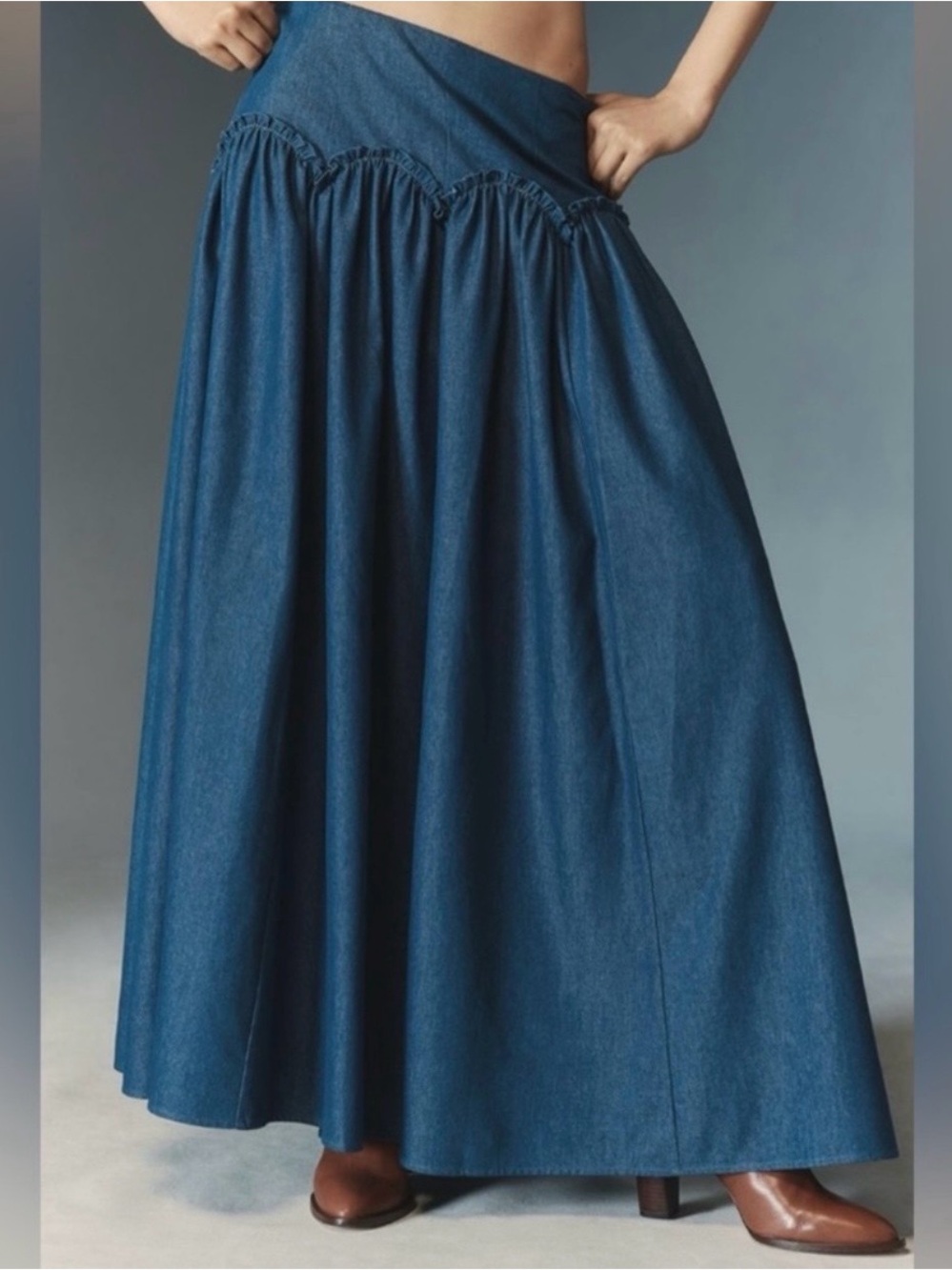 Anthropologie basque waist maxi denim skirt
